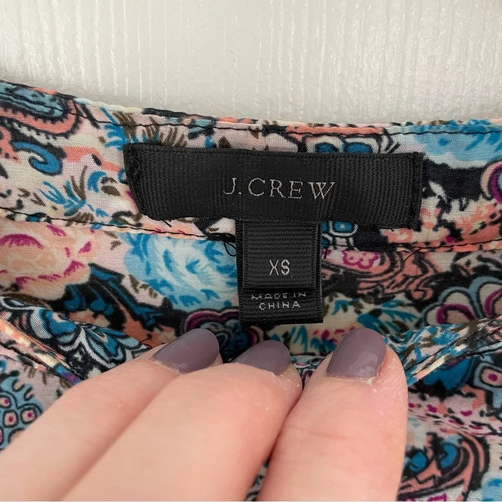 J. Crew Esperanza‎ Blue Peach Floral Paisley Ruffle Trim Top in Size Extra Small